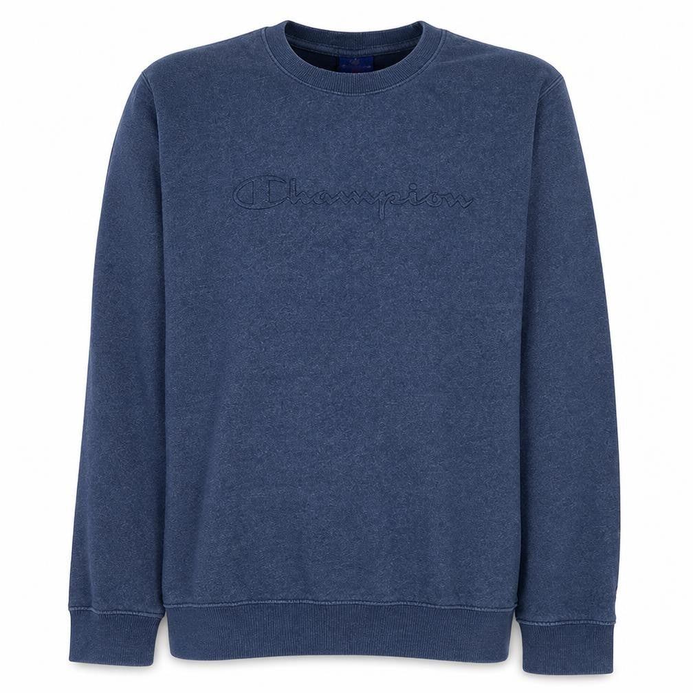 Front view of Champion Men's Blue Crew Neck Sweatshirt, size M, Embroidered Logo