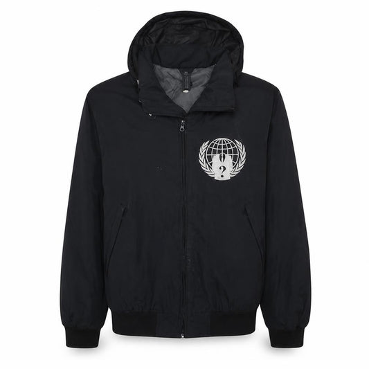 Front view of B&C Collection Men's Black Hooded Bomber Jacket L Anonymous Print