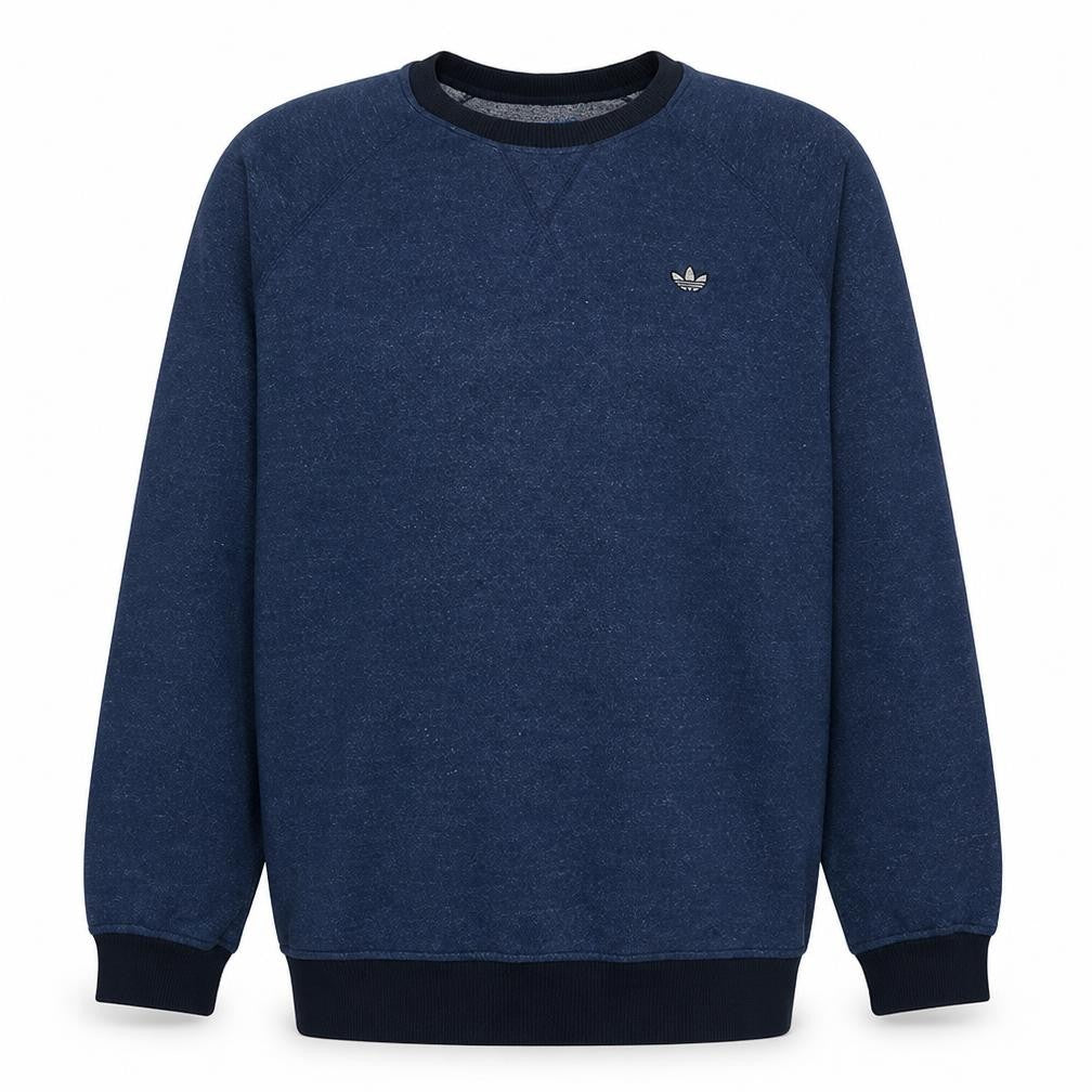 Front view of Adidas men’s navy blue crew neck sweatshirt l classic fit