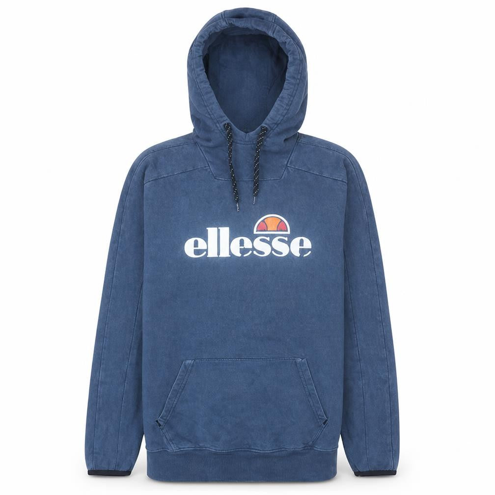 Front view of Ellesse men’s blue pullover hoodie small logo fleece sweatshirt