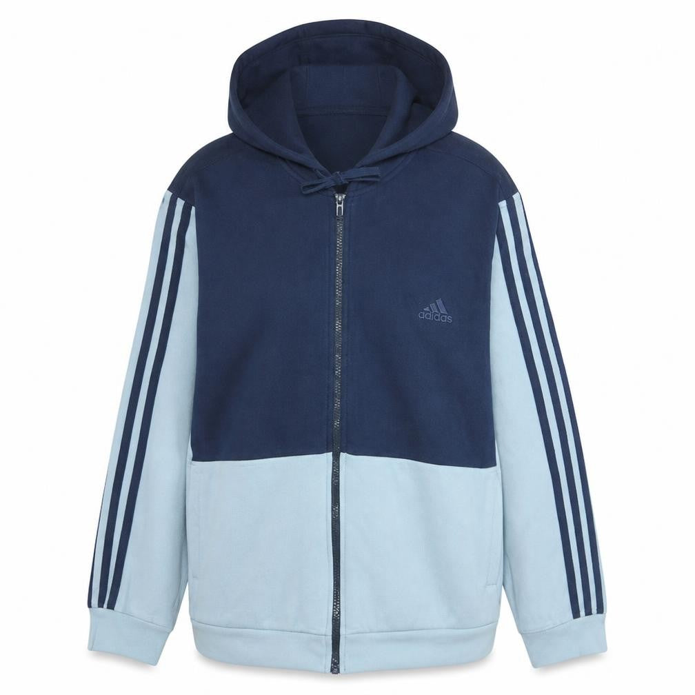 Front view of Adidas women’s blue colourblock full zip hoodie, size M