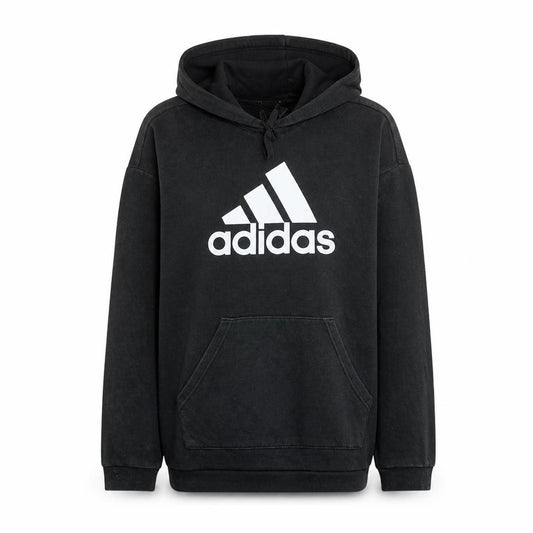 Front view of Adidas women’s black pullover hoodie, size M, 12-14 cotton logo sweatshirt