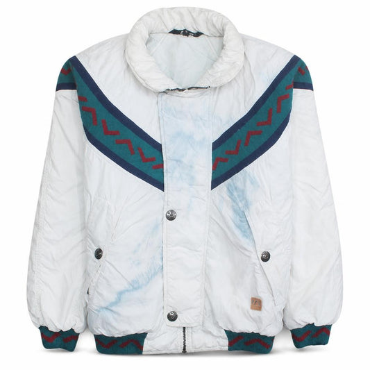 Front view of K-Way men’s white blue 80s puffer jacket, size S, retro outdoor style