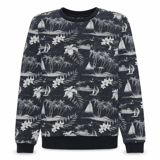 Front view of DC Men's Grey Tropical Print Crew Neck Sweatshirt, size S