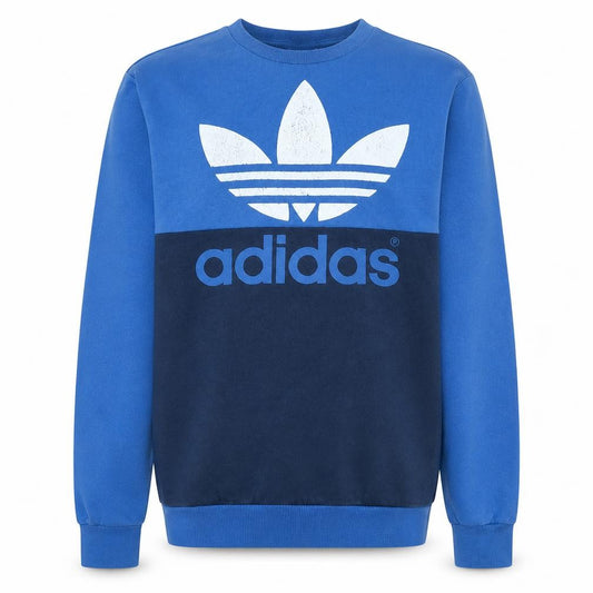 Front view of Adidas men’s blue small pullover sweatshirt crew neck logo retro style