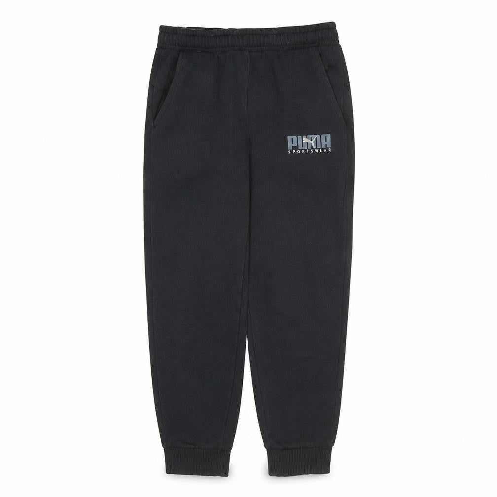 Front view of Puma men’s black jogger fleece sweatpants, size M, regular fit