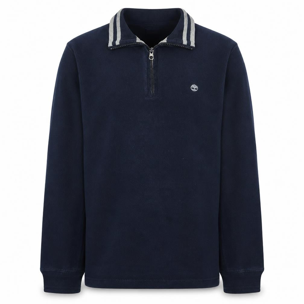Front view of Timberland Men's Blue Cotton 1/4 Zip Collared Jumper, size M
