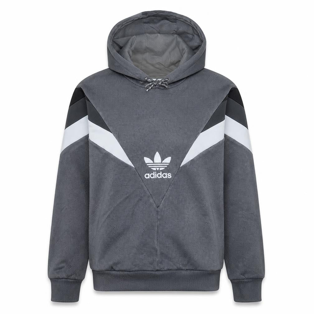 Front view of Adidas men’s grey pullover hoodie, size S, sports graphic