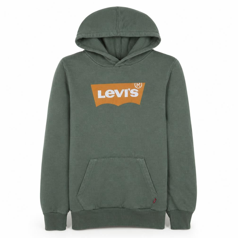 Front view of Levi's boys’ green pullover hoodie 14a 164cm fleece logo sweatshirt