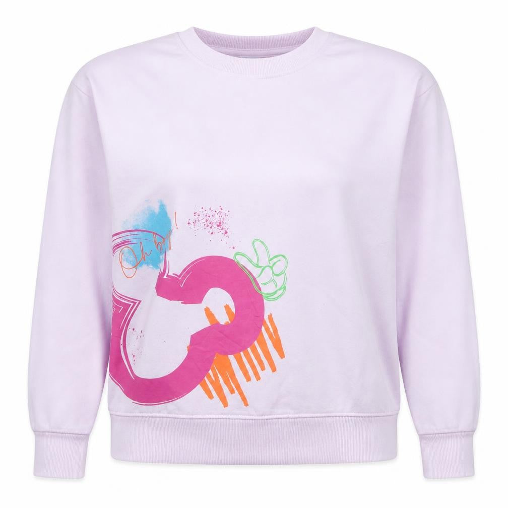 Front view of Disney women’s pink mickey graphic pullover sweatshirt, size M