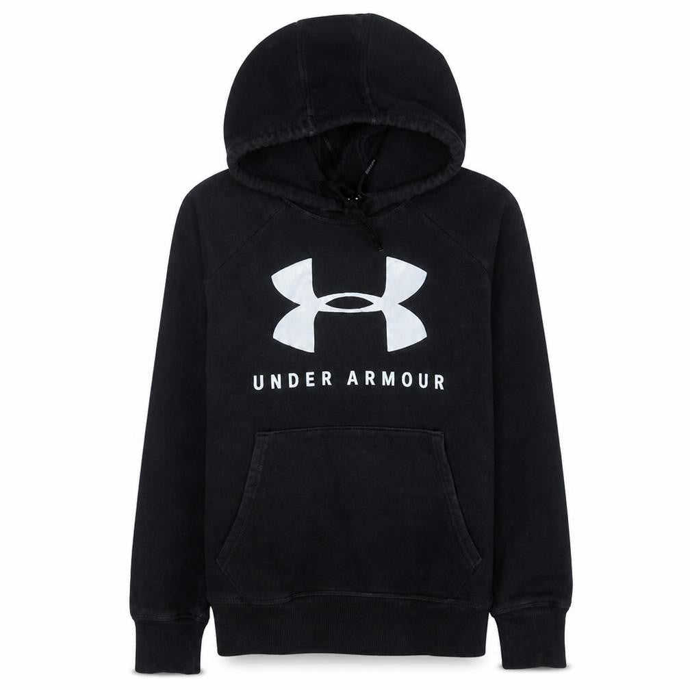 Front view of Under Armour Women's Black XS Pullover Hoodie Loose Fit Logo