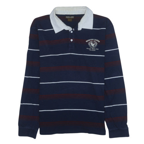 Atlas For Men Navy Blue XL Long Sleeve Striped Collared Polo Shirt