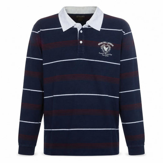 Front view of Atlas For Men Navy Blue XL Long Sleeve Striped Collared Polo Shirt