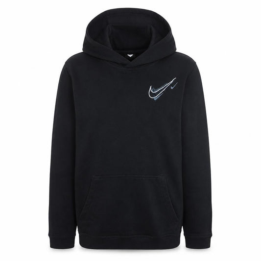 Front view of Nike boys’ black xl pullover fleece hoodie with logo print