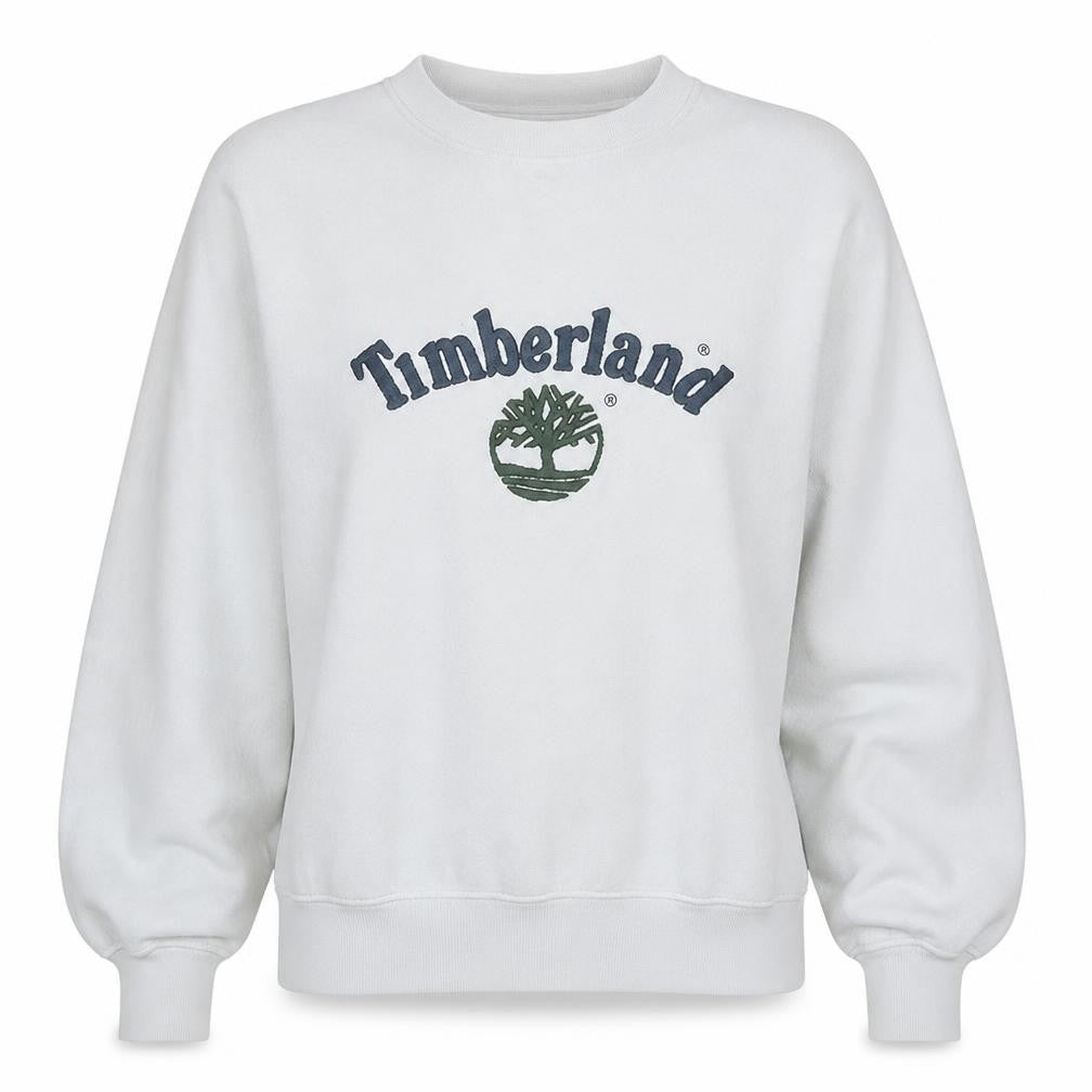 Front view of Timberland women’s white large crew neck pullover sweatshirt