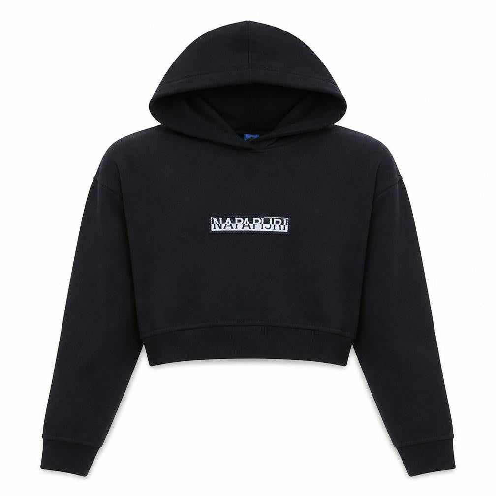 Front view of Napapijri women’s black cropped pullover hoodie, size M