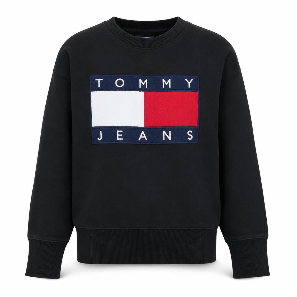 Front view of Tommy Jeans women’s black xs cotton crew neck pullover sweatshirt