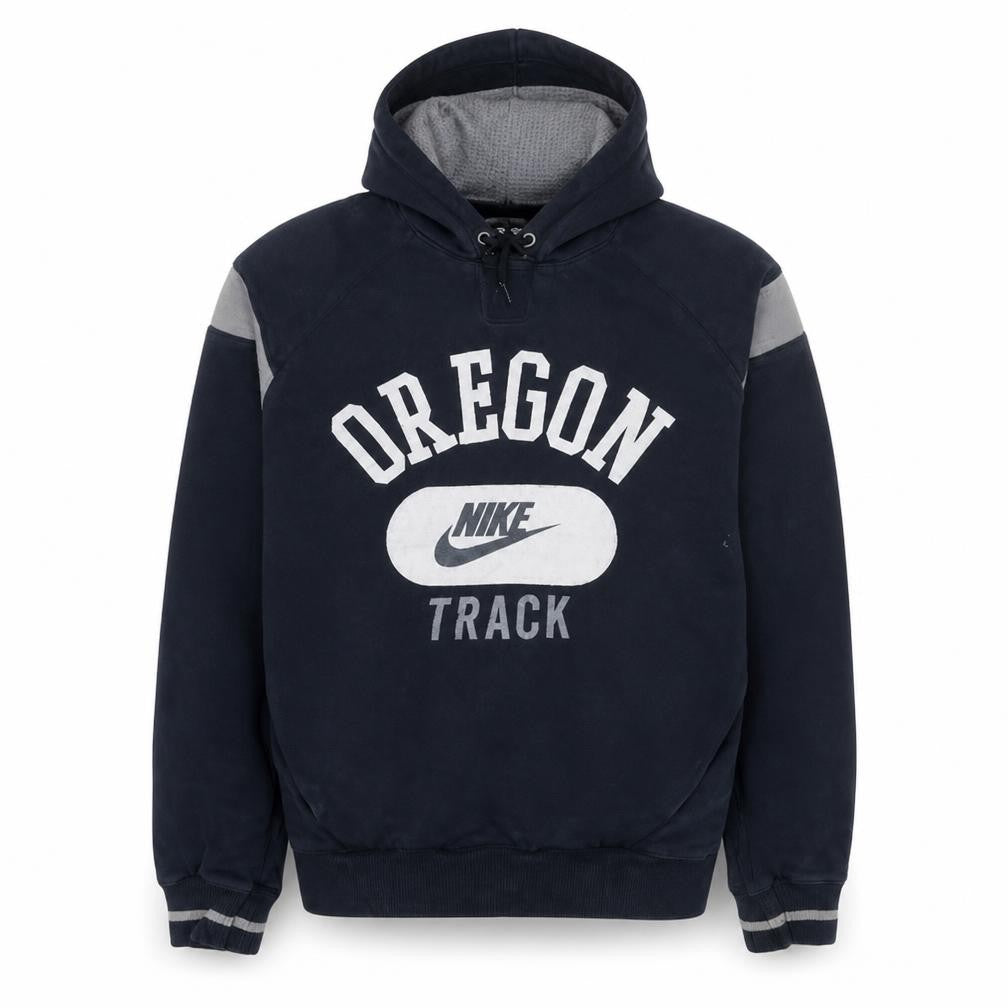 Front view of Nike men’s navy blue oregon track pullover hoodie, size S