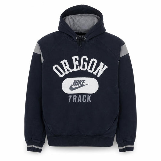 Front view of Nike men’s navy blue oregon track pullover hoodie, size S