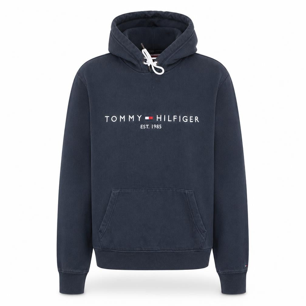 Front view of Tommy Hilfiger Men's Blue Pullover Hoodie S Logo Fleece Sweatshirt