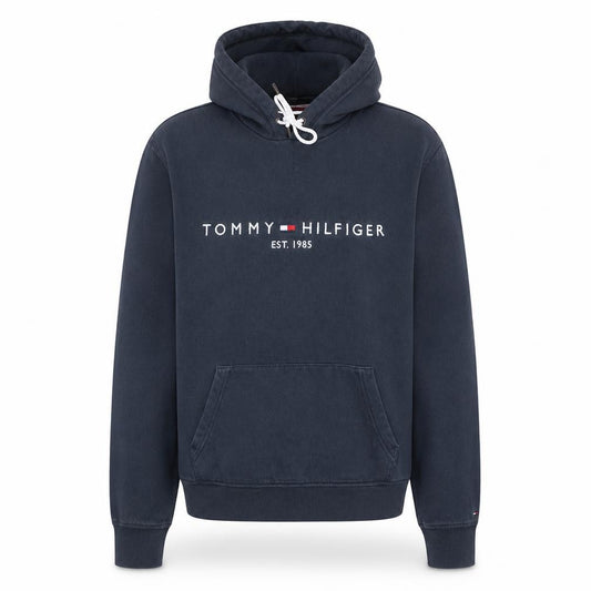 Front view of Tommy Hilfiger Men's Blue Pullover Hoodie S Logo Fleece Sweatshirt