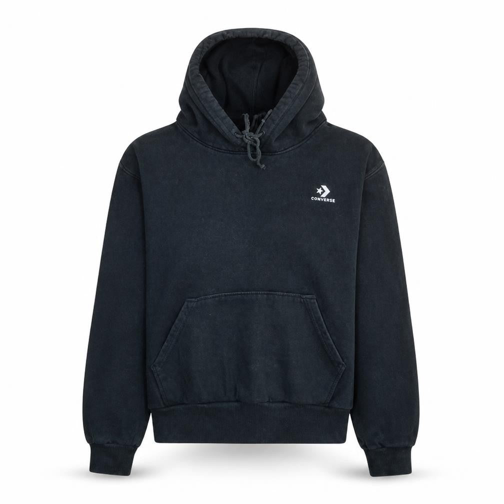 Front view of Converse women’s black pullover hoodie, size S, cotton blend