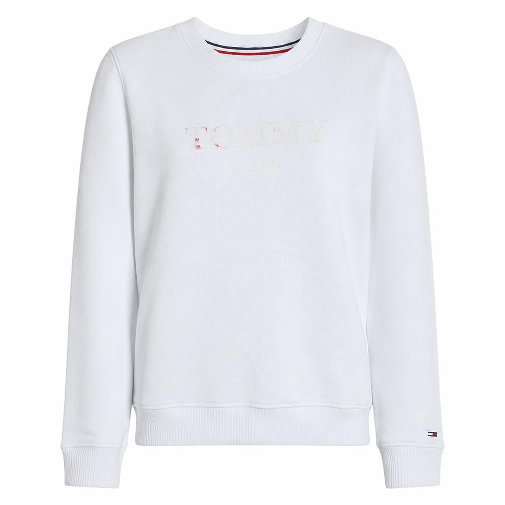 Front view of Tommy Jeans women’s white small crew neck cotton sweatshirt