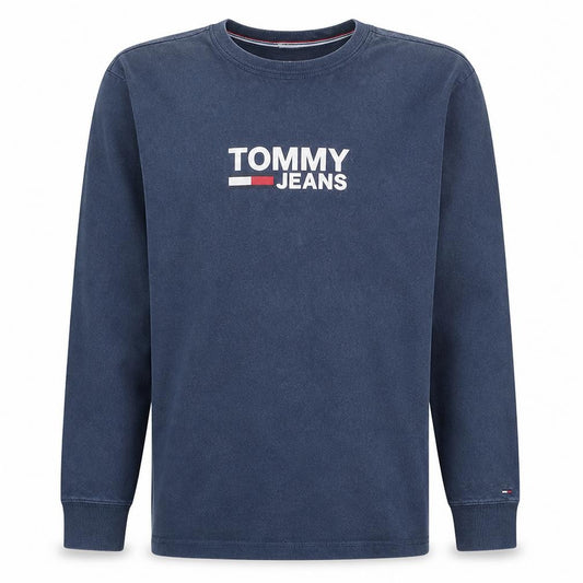 Front view of Tommy Jeans Men's Blue Sweatshirt S Regular Fit Cotton Logo Crew Neck