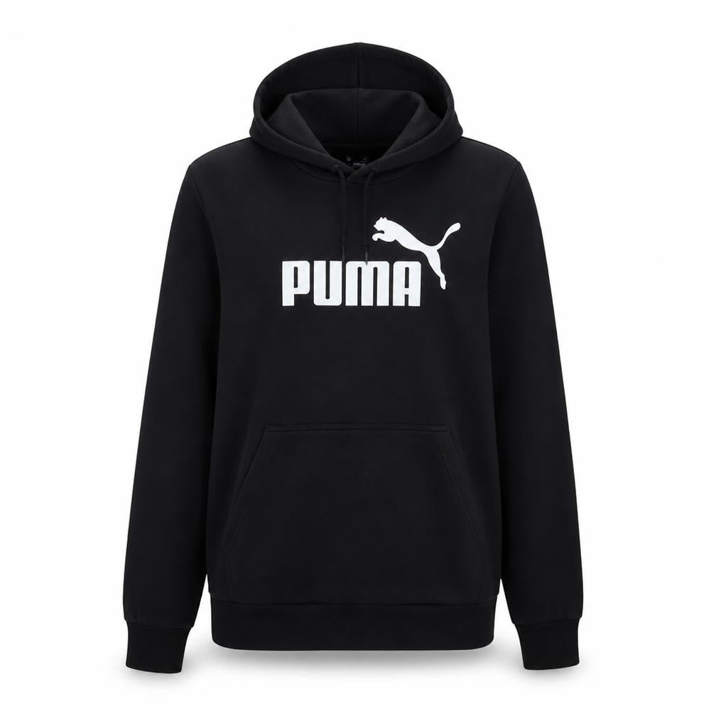 Front view of Puma women’s black pullover hoodie, size UK 16, logo print casual