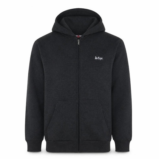 Front view of Lee Cooper men’s black full zip hoodie, size M, fleece sweatshirt