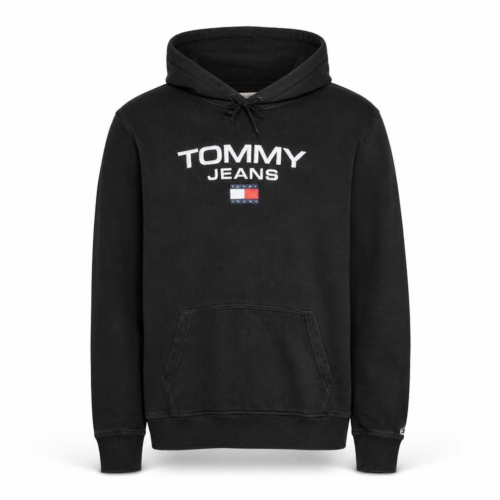 Front view of Tommy Jeans Men's Black Pullover Hoodie Medium Logo Fleece Sweatshirt