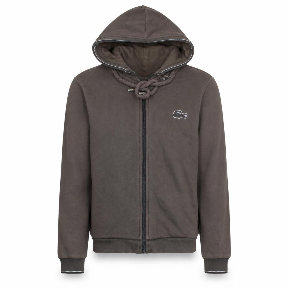 Front view of Lacoste Men's Brown Full Zip Hoodie, size M, Classic Style