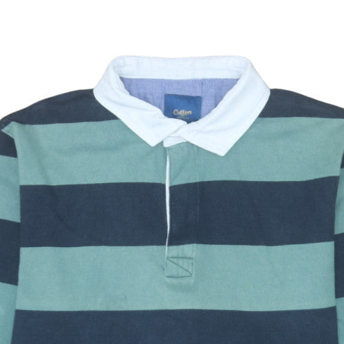 Cotton Traders Men's Green Striped Collared Rugby Sweatshirt 2XL