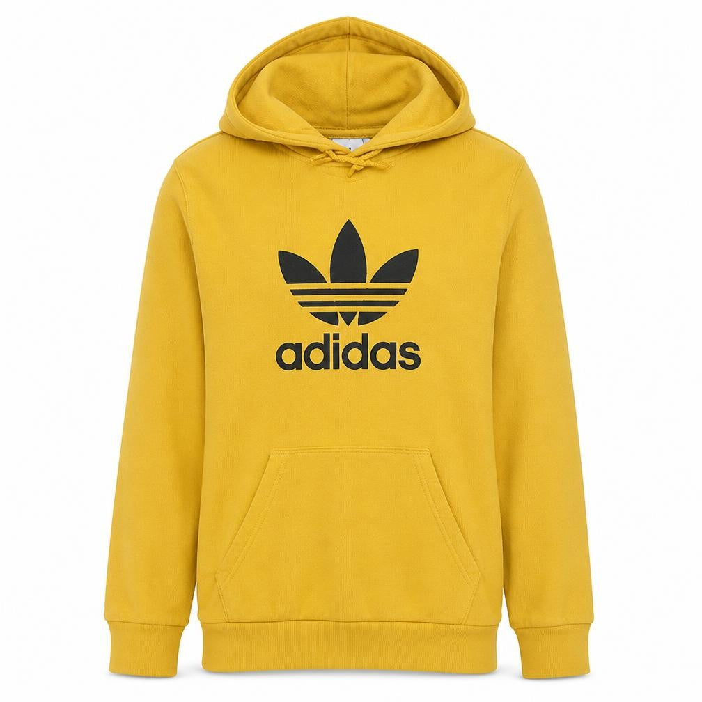 Front view of Adidas men’s yellow pullover hoodie small logo graphic fleece