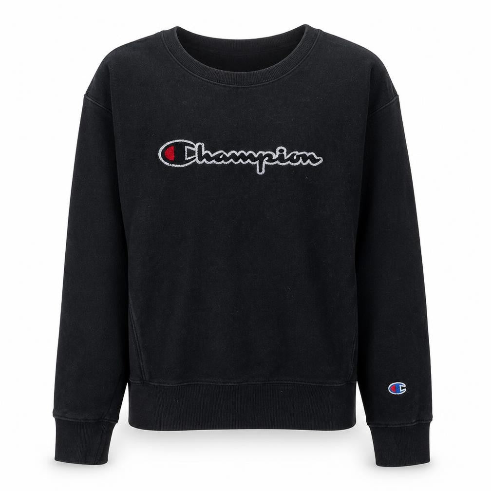 Front view of Champion women’s black small reverse weave crew neck sweatshirt
