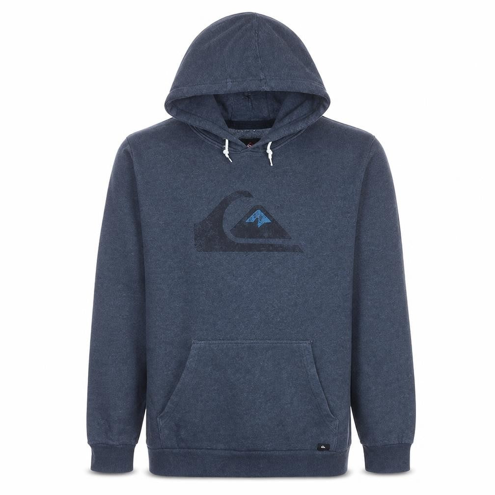 Front view of Quiksilver men’s blue pullover hoodie m fleece logo surf style