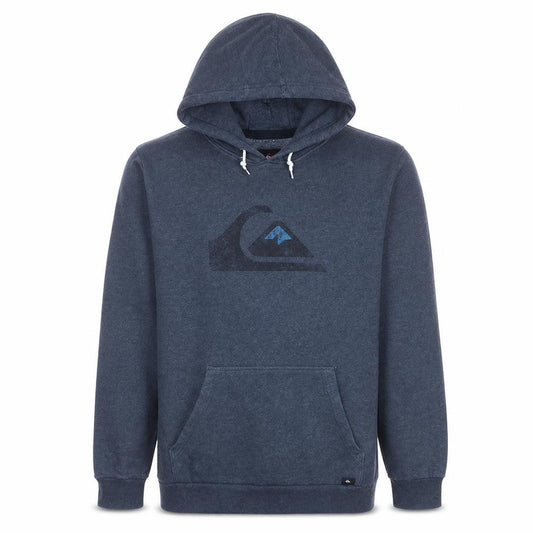 Front view of Quiksilver men’s blue pullover hoodie m fleece logo surf style