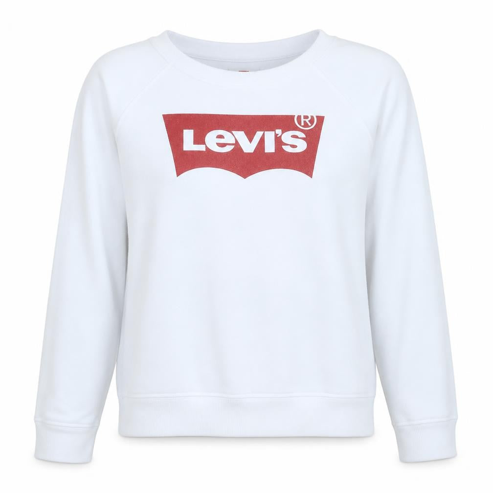 Front view of Levi's women’s white logo crew neck pullover sweatshirt, size L