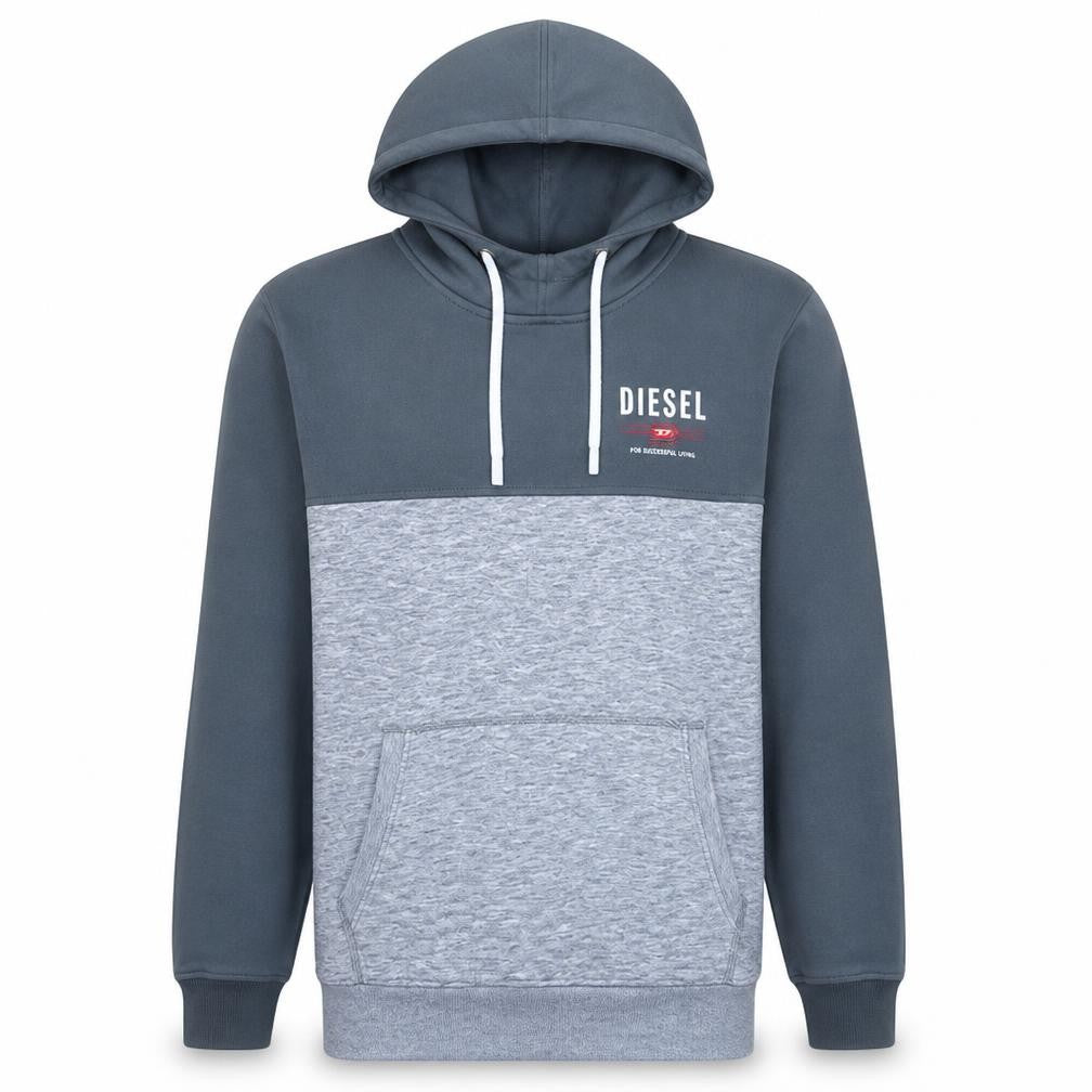 Front view of Diesel Men's Grey Pullover Hoodie L Logo Fleece Sweatshirt