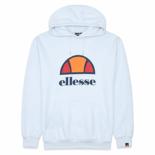 Front view of Ellesse men’s white pullover hoodie m logo fleece sweatshirt