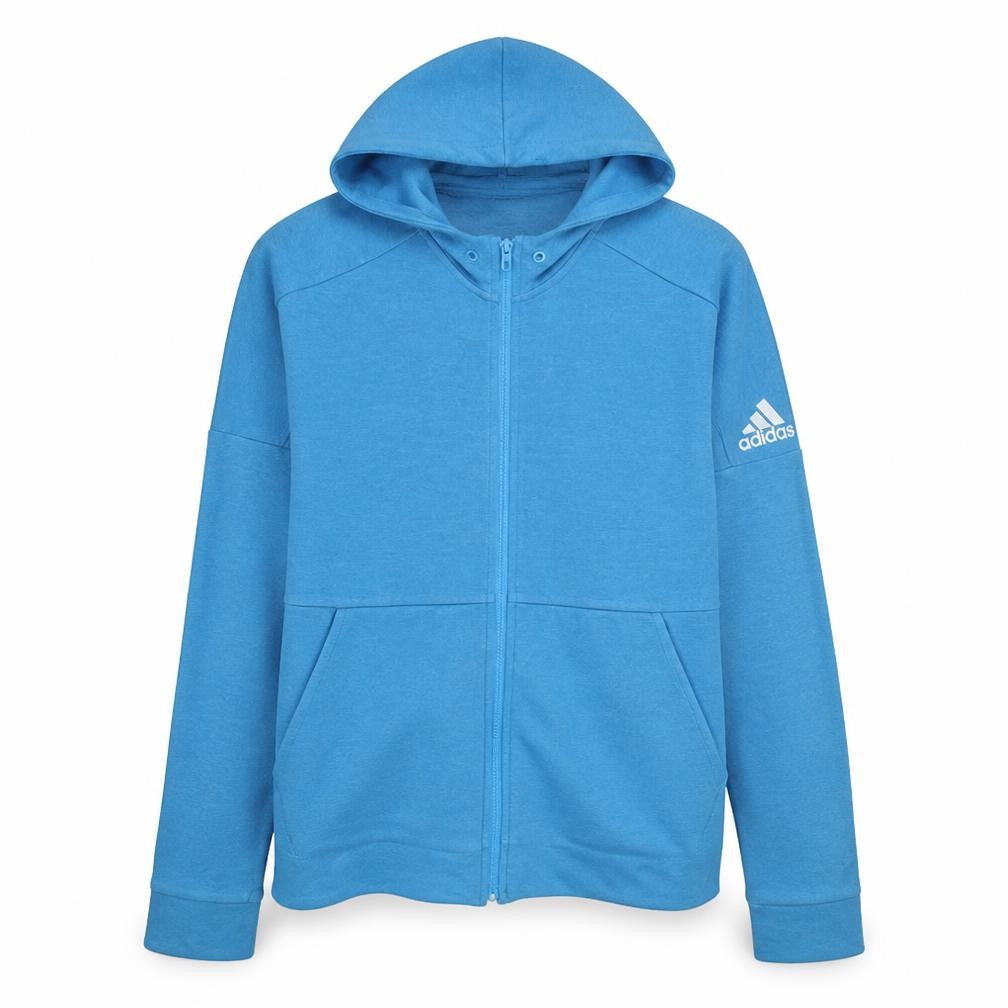 Front view of Adidas Men's Blue Full Zip Hooded Jumper, size M, Regular Fit
