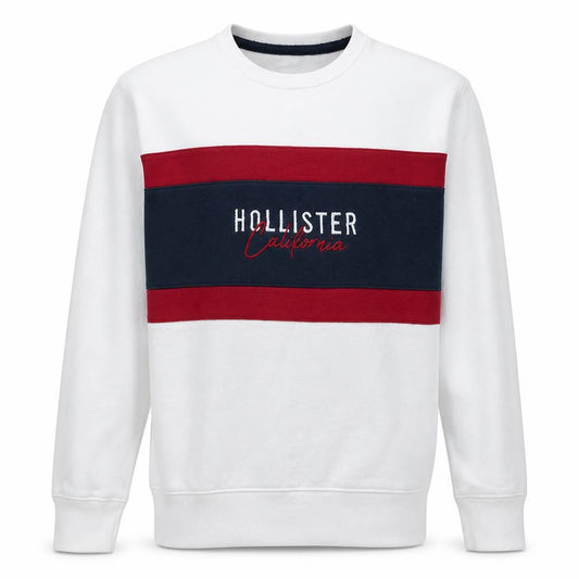 Front view of Hollister men’s white red navy crew neck pullover sweatshirt, size S