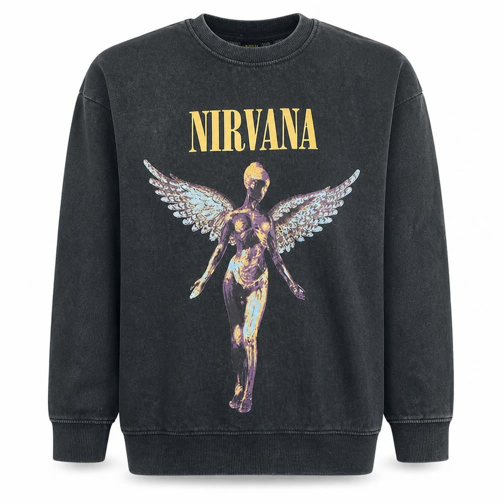 Front view of Nirvana Women's Black 2XS Pullover Sweatshirt – Graphic Band Print