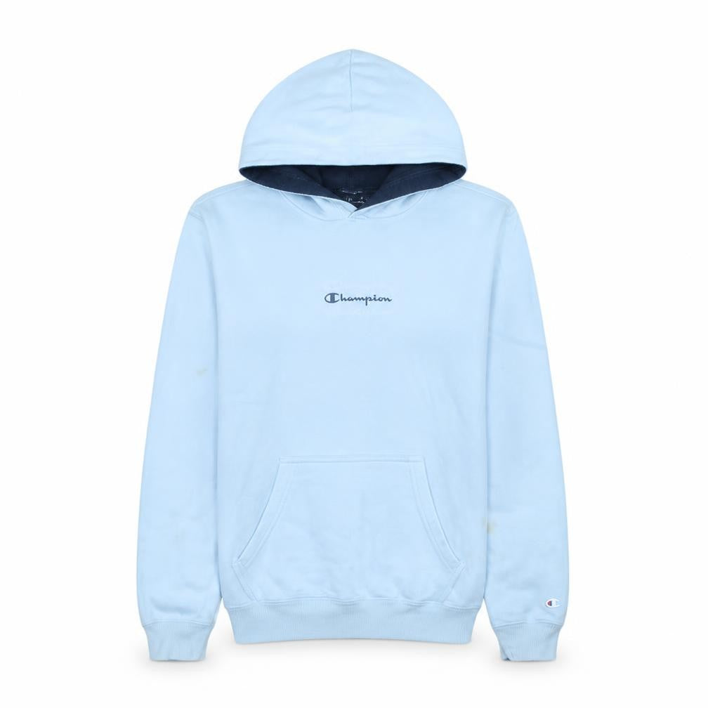 Front view of Champion Women’s Light Blue Pullover Hoodie Medium Cotton Blend