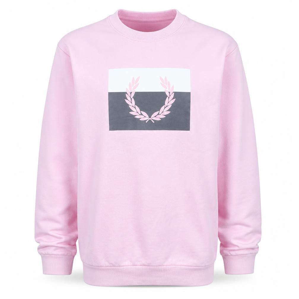 Front view of Fred Perry boys’ pink logo crew neck pullover sweatshirt, size L