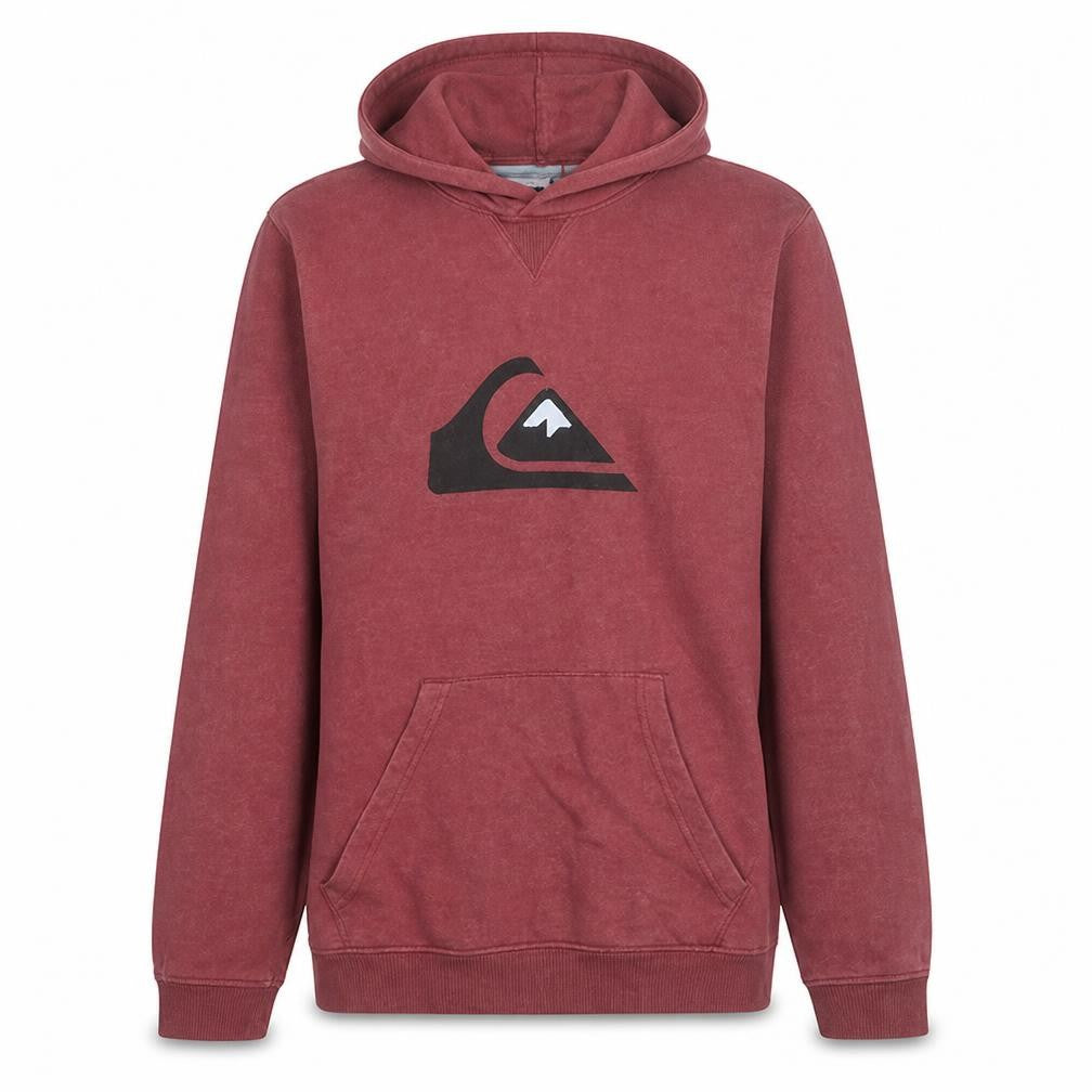 Front view of Quiksilver women’s red pullover hoodie, size L, cotton logo casual