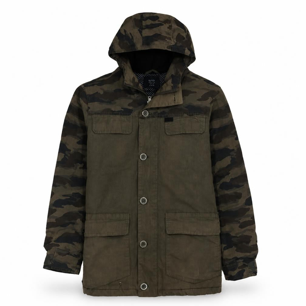 Front view of Globe Men's Green Camouflage Hooded Parka Jacket, size M
