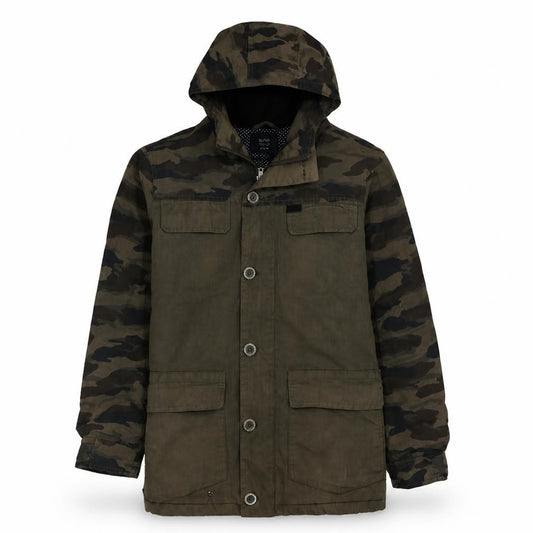 Front view of Globe Men's Green Camouflage Hooded Parka Jacket, size M