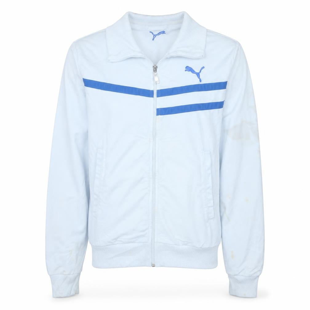 Front view of Puma Men's White Track Jacket, size S, Regular Fit Full Zip Sportswear