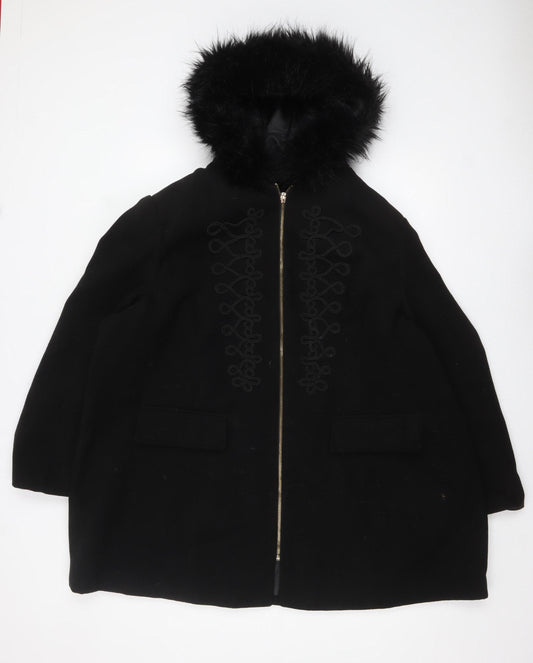 Joanna Hope Women’s Black Faux Fur Hooded Long Coat Size 28